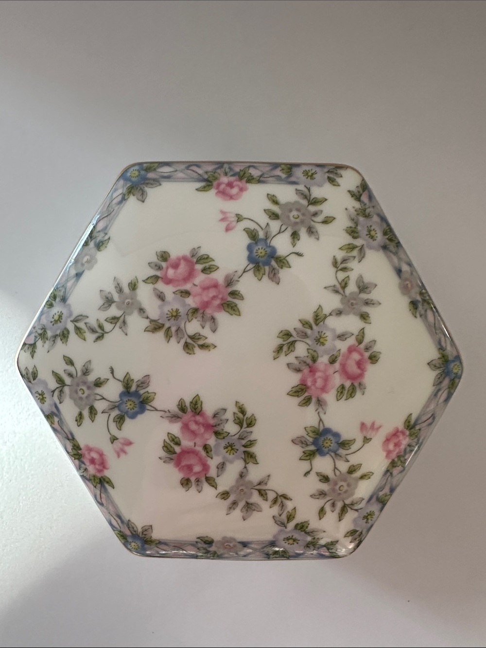 Hexagonal Floral Porcelain Trinket Box in Pink and Blue